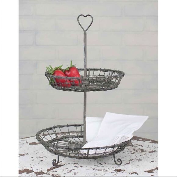 Farmhouse Wire Two Tier Snack Cupcake Cookie Stand Distressed Barn Roof Finish - Picture 1 of 2
